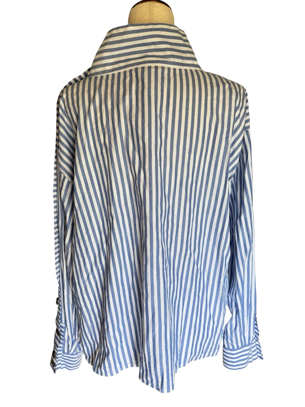 LOFT Blue and White Striped Button-Detail Mock Neck Blouse - Picture 4 of 7